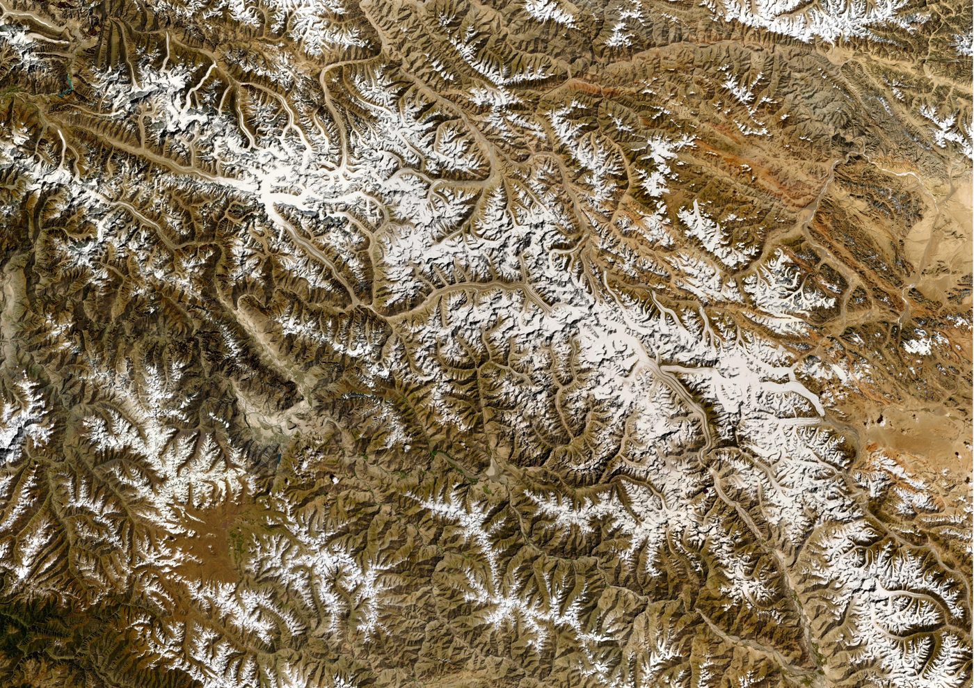Aerial satellite view of the Karakoram mountain range, Pakistan